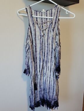 Tie-Dye Striped Cut Out Shoulder Dress with Tassel Lace-Up